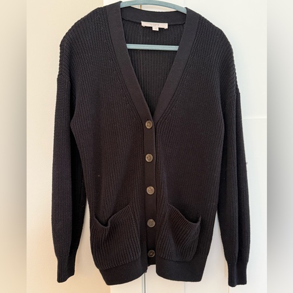 LOFT Sweaters - LOFT Long Cardigan 100% Cotton Shaker Stitch Pockets Black M EUC